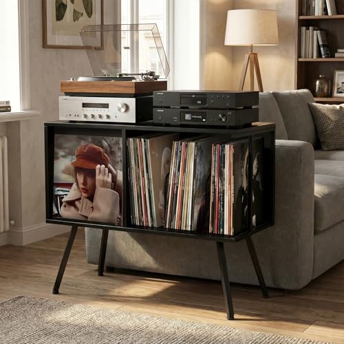 Record Player Stand with Flip-Down Record Shelf, Black - Image 3