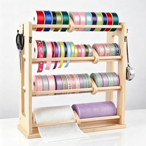 4-Tier Ribbon Storage Rack, Wooden Ribbon Organizer Spool - Image 2