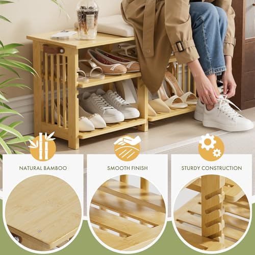 Bamboo Shoe Rack Bench, 3-Tier Shoe Bench Height Adjustable - Image 4