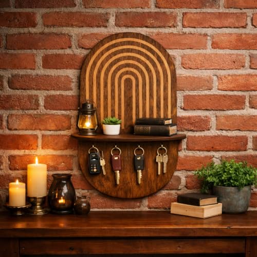 Minimalist Entryway Organizer Shelf with Key Hooks, Wooden - Image 3