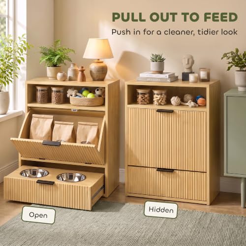 PawHut Dog Feeding Station with Storage & 2 Elevated Bowls, Oak - Image 6