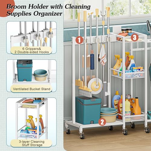Broom Holder with Cleaning Supplies Organizer, Broom - Image 6