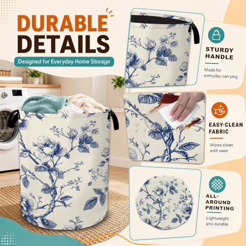 Vintage Blue Flowers Laundry Basket,Botanical Floral - Image 4