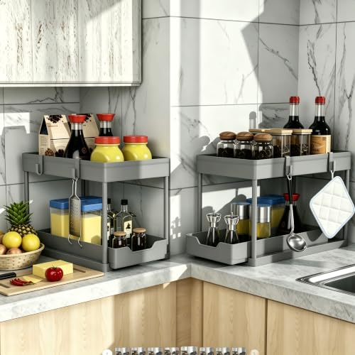 DEKAVA 2 Pack Under Sink Organizer, 2-Tier Sliding Cabinet Basket - Image 6