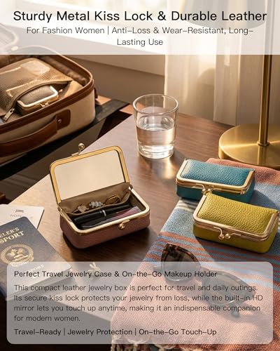 Genuine Leather Mini Travel Jewelry Box, Portable Cosmetic Mirror - Image 6