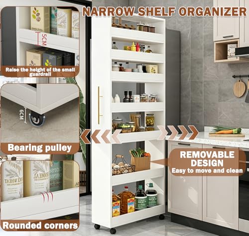 7-Tier Slim Rolling Storage Cart, Wooden Narrow Pantry Cabinet - Image 5