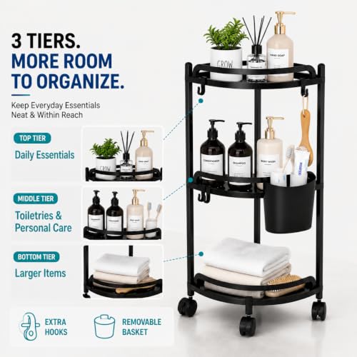 3 Tier Rolling Corner Organizer with Wheels, Freestanding Storage - Image 6