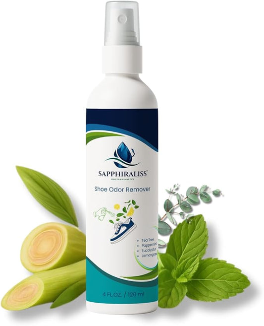 Natural Shoe Freshener Spray - 4oz (120ml) Water-Based Mist with Eucalyptus, Peppermint, Tea Tree & Lemongrass - Quick Acting Odor Neutralizer for Shoes, Gym Bags