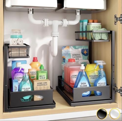 2 Tier Under Sink Organizer, Pull Out Sliding Drawer (Black) - Image 2
