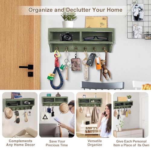 Key Holder Wall Mount with Mail Organizer, 6 Hooks & Shelf, Green - Image 3