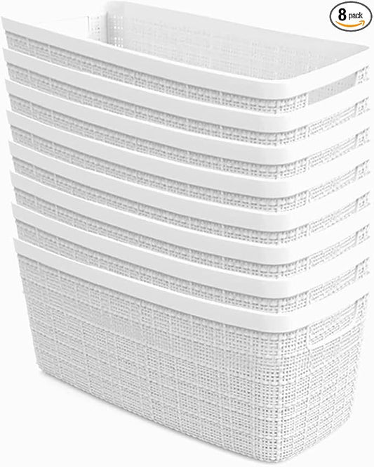 Curver Set of 8 Slim 6.8L Jute Decorative Plastic Organization and Storage Baskets - Perfect Bins for Home Office, Closet Shelves, Kitchen Pantry and All Bedroom Essentials, White