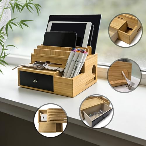 Bamboo Charging Station Organizer with Drawer and Pen Holder - Image 7