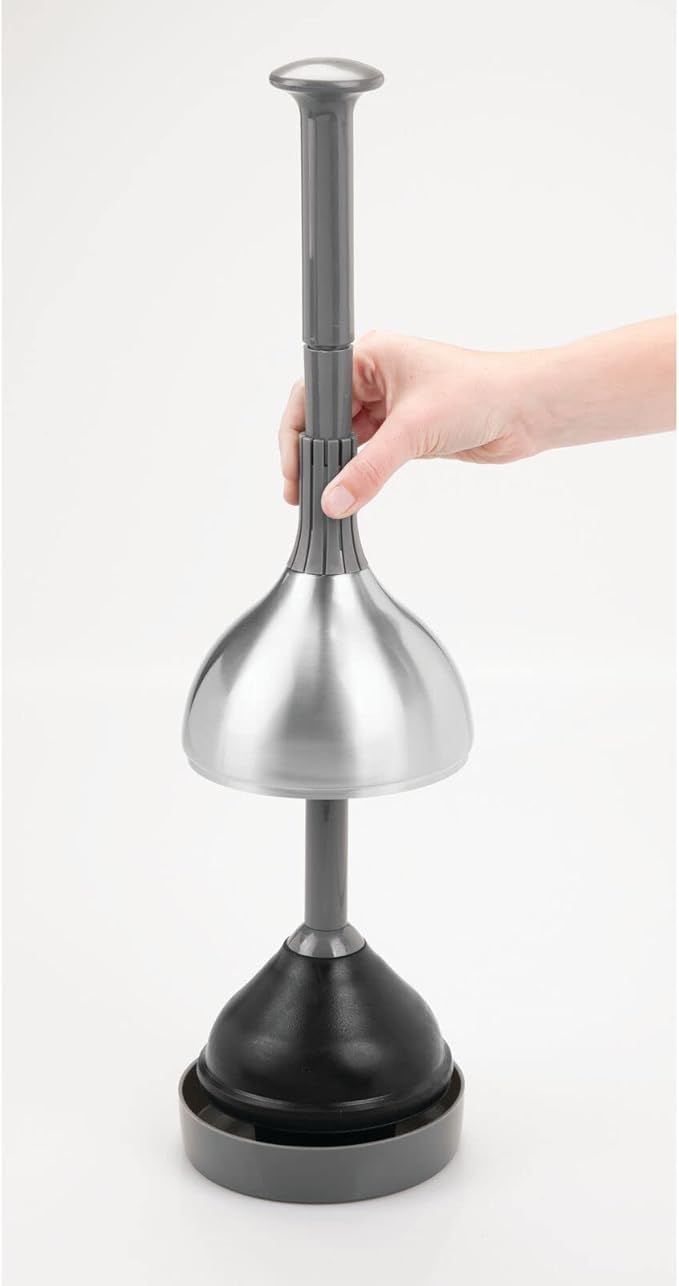 mDesign Bathroom Toilet Bowl Plunger Set with Lift & Lock Cover, Compact Discreet Freestanding Storage Caddy with Base, Modern Design - Heavy Duty Gray/Brushed Stainless Steel