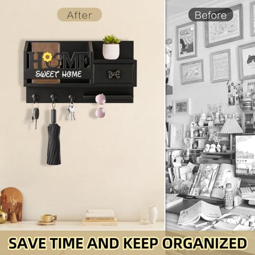 Key Holder Wall Mount with 3 Hooks and Storage Drawer - Image 6
