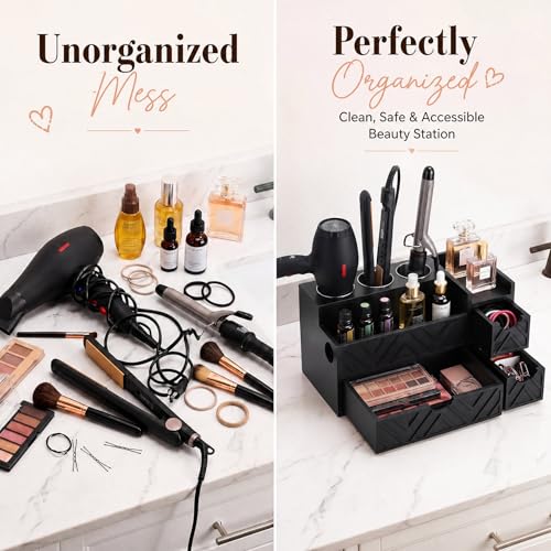Hair Tool Organizer with 3 Drawer Wooden Blow Dryer Holder, Black - Image 5