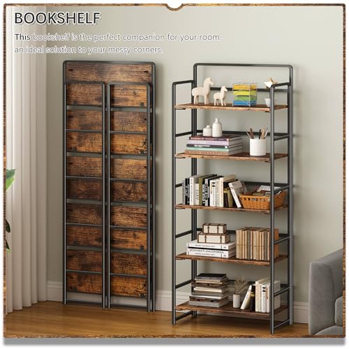 No Assembly 5 Tier Folding Bookshelf Tall Storage Shelves - Image 4