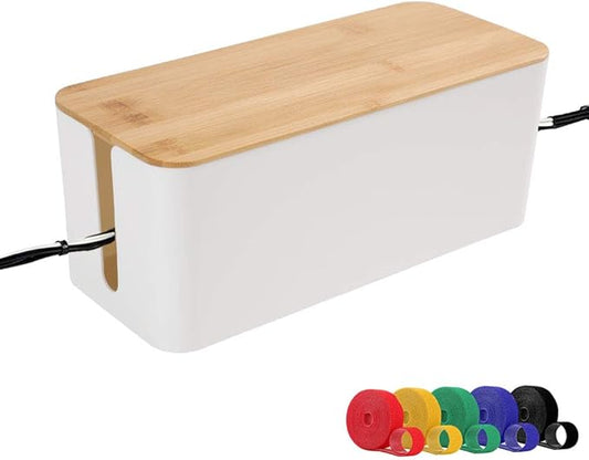 PowerKing Cable Management Boxes Organizer, Bamboo Lid, Large Storage Wires Keeper Holder for Desk, TV, Computer, USB Hub, System to Cover and Hide & Power Strips & Cords (Ice White)