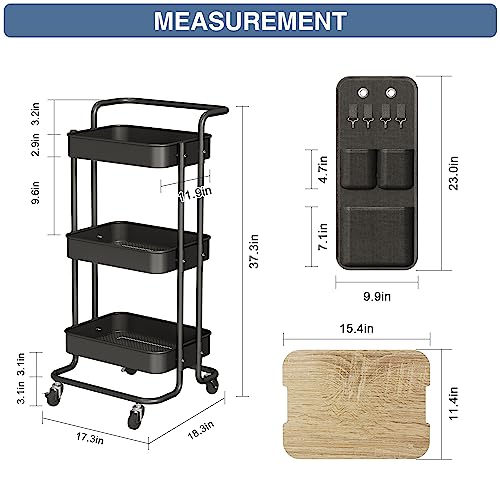 DTK 3 Tier Metal Utility Rolling Cart with Table Top and Side - Image 7