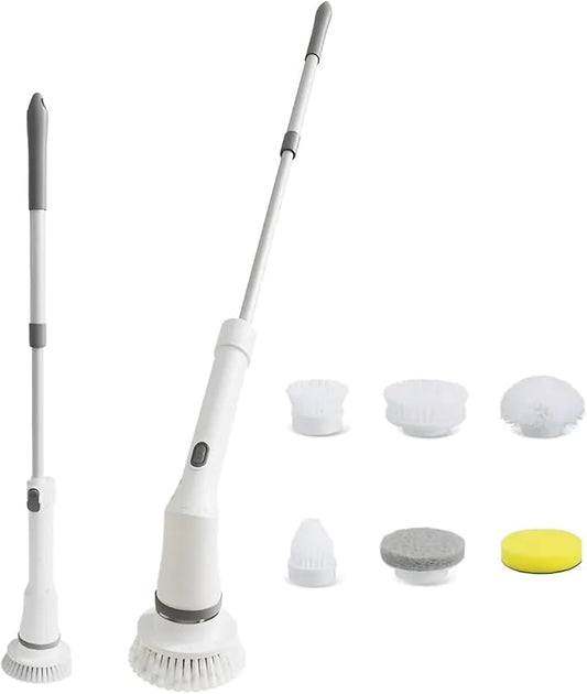 Cordless Cleaning Brush, 6 Replaceable Scrubber Heads & 2 Adjustable Speeds Electric Spin Scrubber Brush, Power Shower Scrubber with Long Handle Bathroom