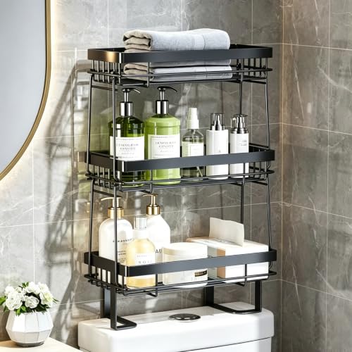 3-Tier Over The Toilet Shelf, No-Drill Bathroom Organizer, Black - Image 3