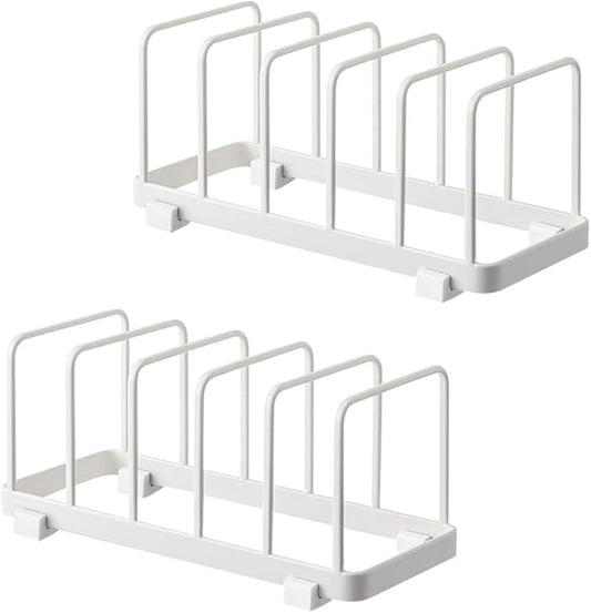 2 Pack Metal Dish Plate Storage Rack Kitchen Storage Cabinet Organizer Pot Lid Holder Multifunctional Dying Display Rack for Pad Pans Pots, Bakeware, Trays, Cutting Boards (White)