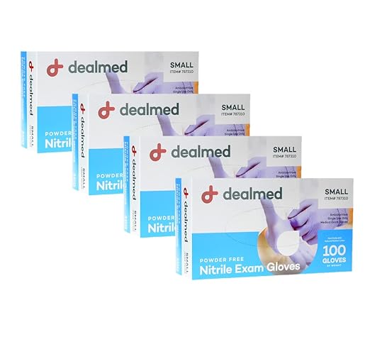 Dealmed Nitrile Exam Gloves – 100 Count Small (Pack of 4) Disposable, Non-Irritating, Latex Free, Multi-Purpose for First Aid Kit, Medical Facilities & More