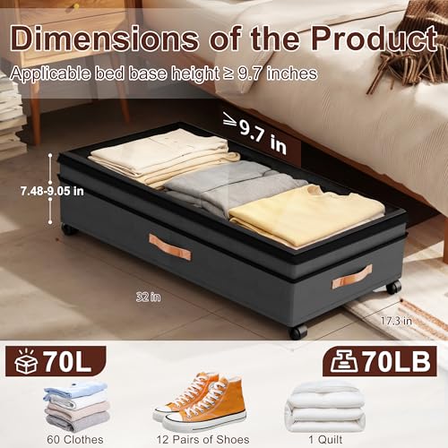 XXL Under Bed Storage with Wheels, 2 Pack 70L Extra Large Rolling - Image 3