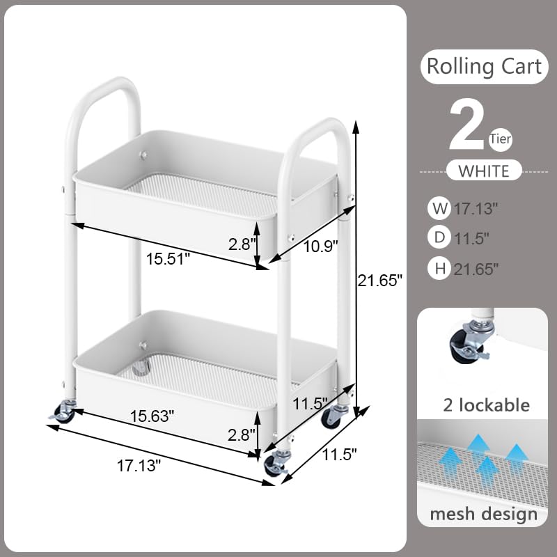 2 Tier All-Metal Rolling Cart, Rolling Storage Cart with Handle - Image 6