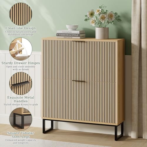 Shoe Cabinet Storage with 2 Flip Drawers and Metal Legs, Natural - Image 5