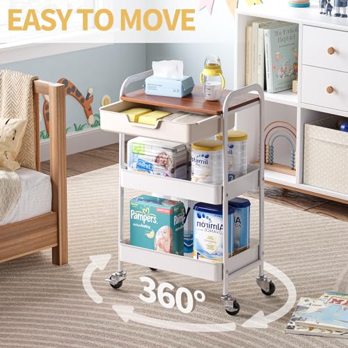 TOOLF 3 Tier Rolling Cart with Drawer, Metal Utility Storage Cart - Image 3