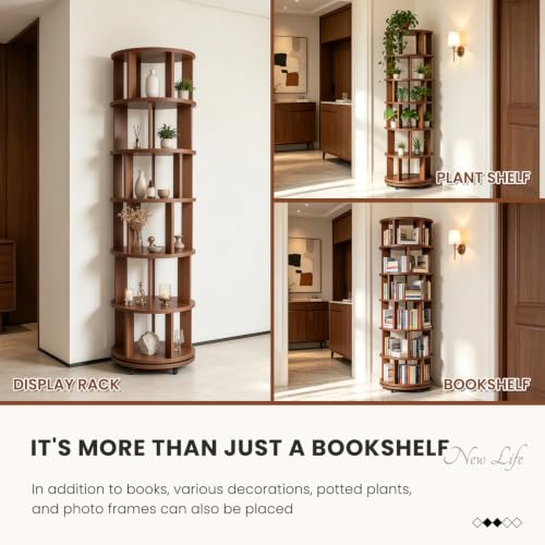 6 Tier Solid Wood Bookshelf with Wheels, 360° Rotating Book Shelf - Image 8