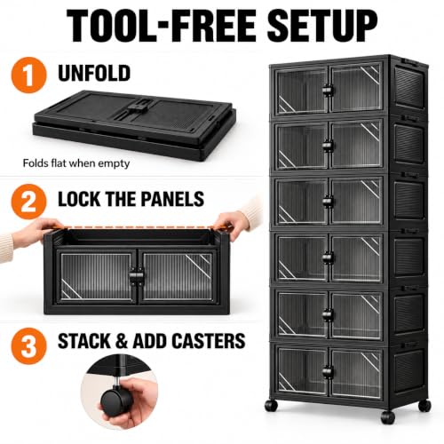 291QT Foldable Storage Cabinet with Wheels & Lid, 6-Tier Black - Image 6