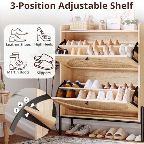 IRONCK Rattan Shoe Cabinet Storage with 2 Flip Drawers, Oak - Image 6