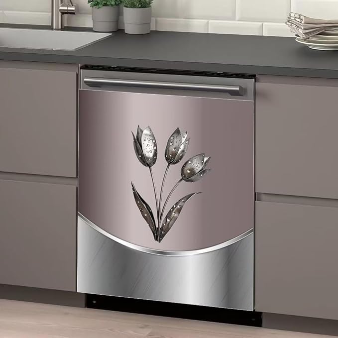 Generic Dishwasher Metal Texture Cover Magnetic Decor, Metallic Flowers,Polished Dishwasher Magnet Cover 23x26inch, Home Panel Decal Pink Stainless Steel Style Sticker, Rimyy111-4