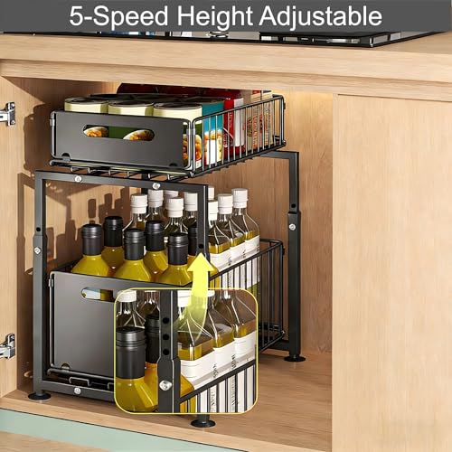 Under Sink Organizer, 2-Tier Multi-Use Kitchen and Bathroom Organizers and Storage, Slide Out Thickened Metal Under The Sink Organizer for Kitchen Bathroom Pantry (Style A Black, 2