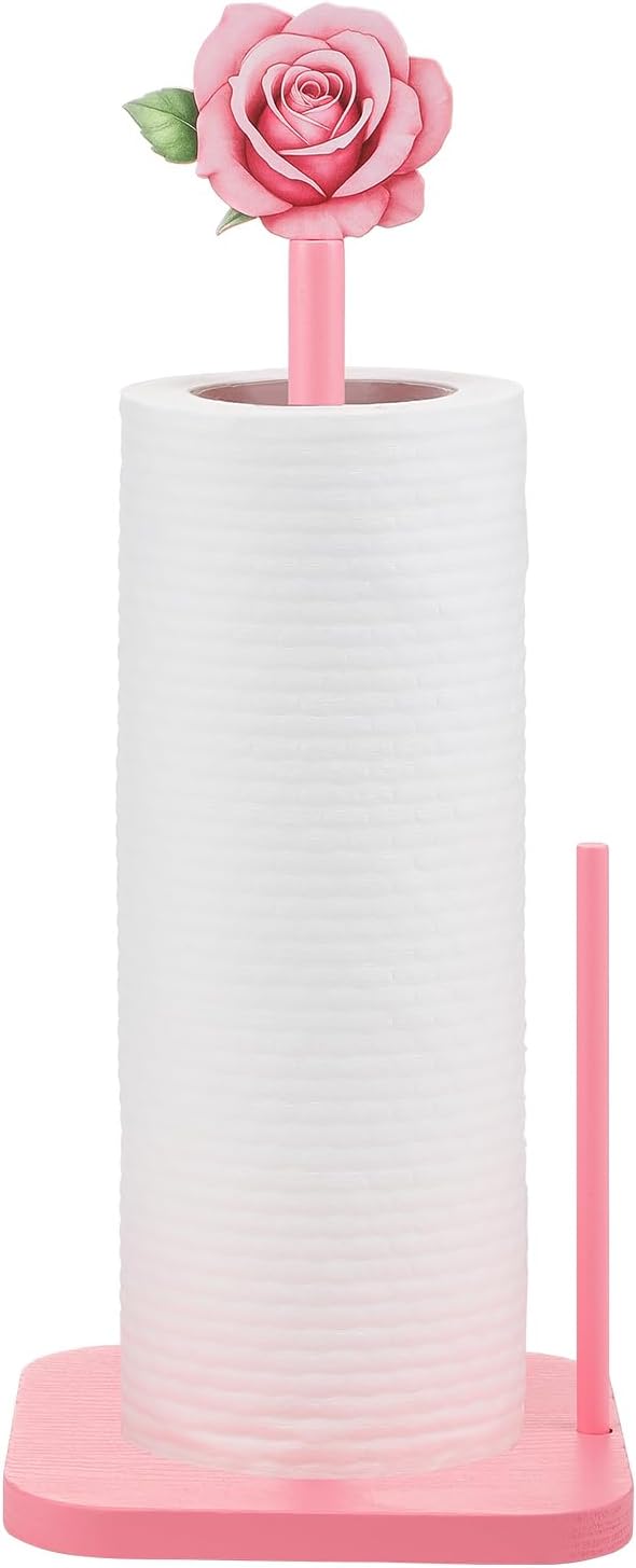 Leinuosen Pink Rose Paper Towel Holder Coquettish Cute Rose Wooden Paper Towel Holder Pink Bathroom Countertop Accessories Kitchen Roll Stand Organizer Standing Apartment Decor Housewarming Gift