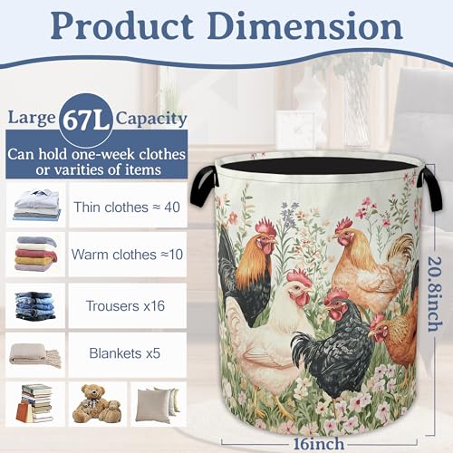 Roosters Hens Laundry Basket,Foldable Waterproof Oxford - Image 3