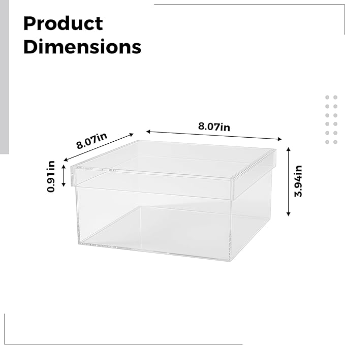 Clear Acrylic Box With Lid, Stackable Container For Storage And Display, 8.1 X 8.1 X 3.9 In / 20.5 X 20.5 X 10 Cm, Perfect For Crafts, Jewelry, And Makeup