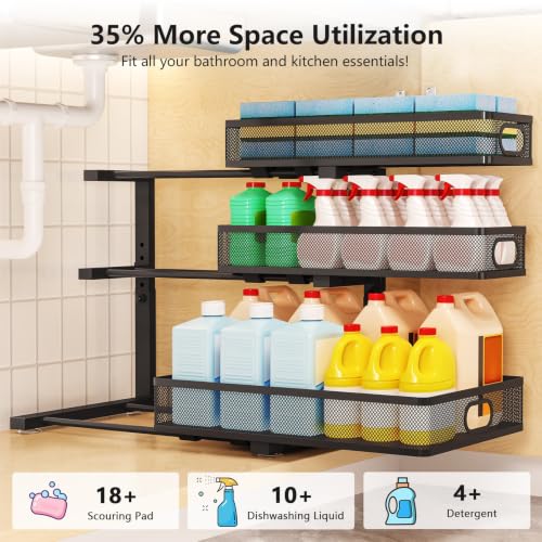 3-Tier Under Sink Organizer, Slide Out Drawer Rack, Black, 2 Pack - Image 5
