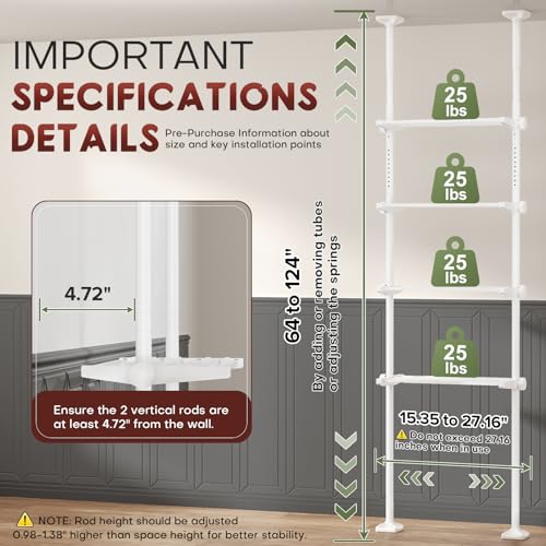 Over The Toilet Storage Shelf, 64-124inch(H) 15-27inch(W), White - Image 3