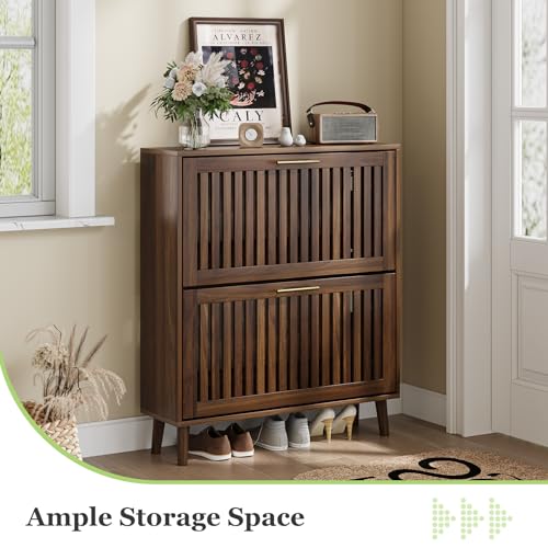 Shoe Cabinet, Shoe Storage Cabinet with Louvered 2 Flip Drawers - Image 4