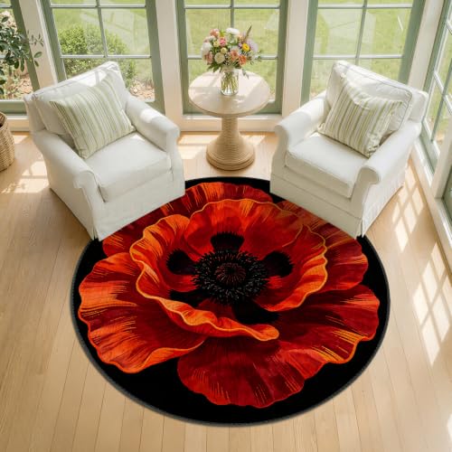 ANNA QUEEN Red Poppy Flower Round Area Rug 4ft,Washable Non-Slip - Image 6