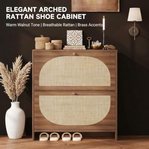 Rattan Shoe Cabinet with 2 Flip Drawers, Arched Accent - Image 4