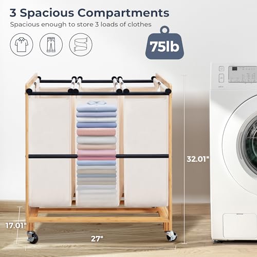 3-Section Laundry Sorter with Bamboo Frame, Rolling - Image 3