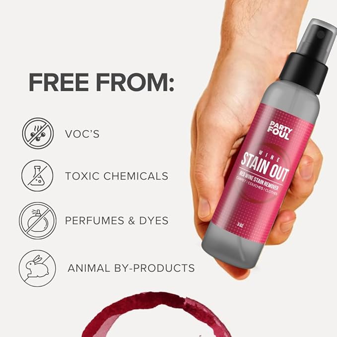 Party Foul Wine Stain Out Spray - Plant Based Red Wine Stain Remover for Clothes, Carpets, & Couches - Spray for Coffee, Tea, & Sports Drinks - Unscented - 3 Ounce (Pack of 3)