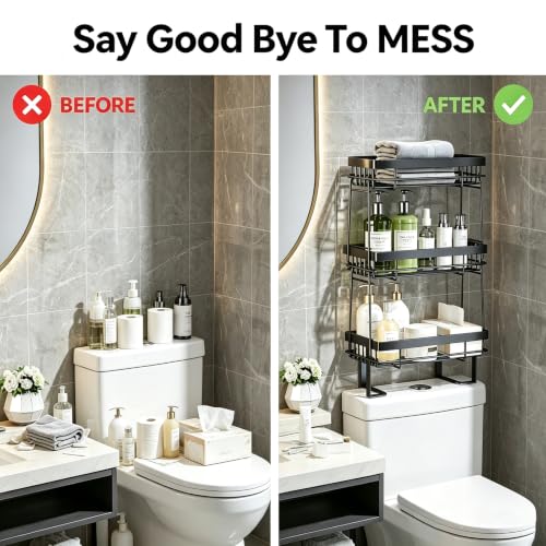 3-Tier Over The Toilet Shelf, No-Drill Bathroom Organizer, Black - Image 6
