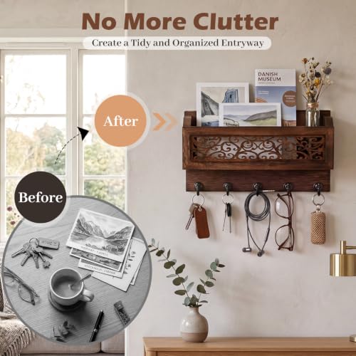 Novabright Wooden Key Rack Wall Mount with Mail Holder, 5 - Image 6