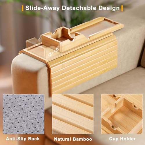 Bamboo Couch Armrest Table with Detachable Cup Holder Tray - Image 3
