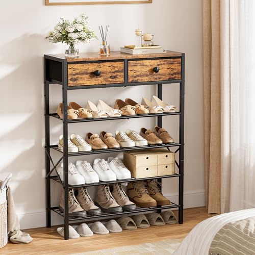 5 Tier Shoe Rack with 2 Drawers, 16-20 Pairs Rustic Brown - Image 3