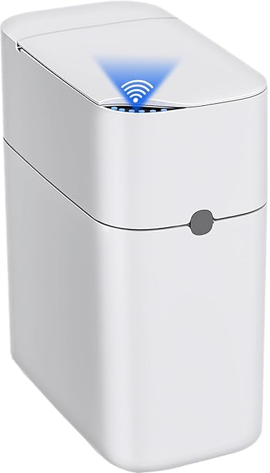 CTIME Touchless Automatic Bathroom Trash Can with Lid - 3 Gallon Slim Motion Sensor Garbage Can for Bedroom, Kitchen, Office - White (6" W x 11" L x 13" H)
